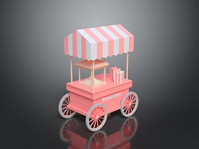 Pink Popcorn Cart With Striped Canopy And Popcorn Buckets On Wheels 3d model