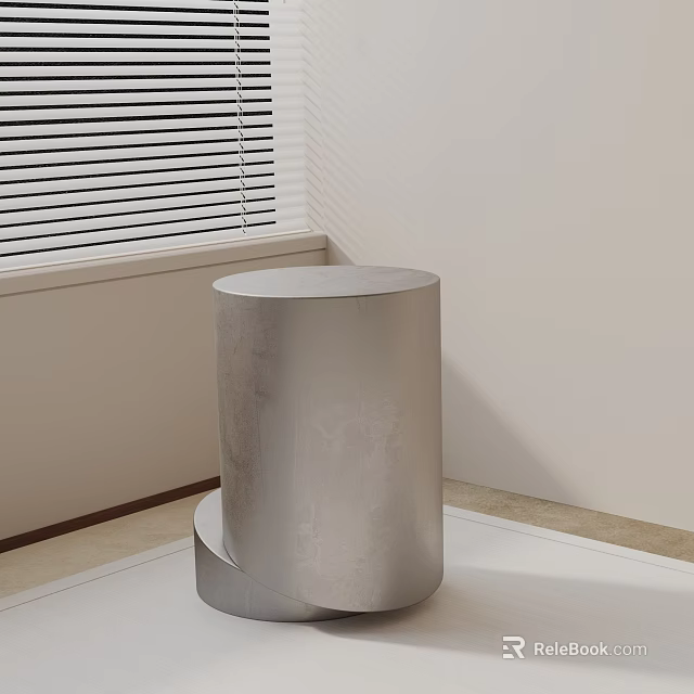 Modern Cylindrical Metallic Side Table in Minimalist Indoor Setting with Window Blinds 3d model