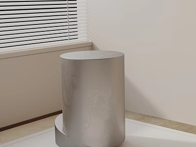 Modern Cylindrical Metallic Side Table in Minimalist Indoor Setting with Window Blinds 3d model