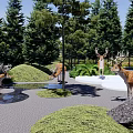 Scenic Park Landscape With Spotted Deer Tall Trees Gravel Path Water Rocks And Lush Grass