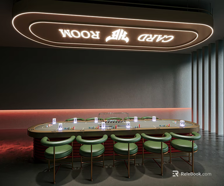 Hotel Card Room Interior Design With Neon Sign Poker Table Green Chairs And Chips 3d model 