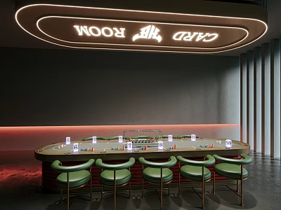 Hotel Card Room Interior Design With Neon Sign Poker Table Green Chairs And Chips 3d model