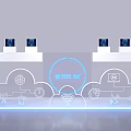 Modern Tech Reception Desk With Blue Server Racks Cloud Icons And Wireless Connectivity 3d model