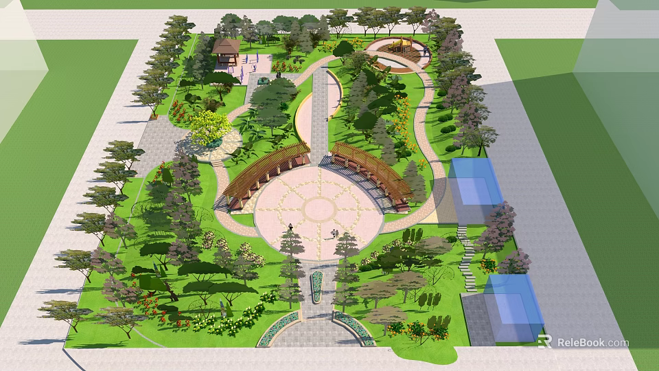 Scenic Square Landscape Featuring Circular Design Greenery Pathways Trees And Pavilion 3d model