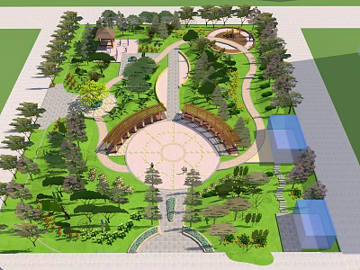 Scenic Square Landscape Featuring Circular Design Greenery Pathways Trees And Pavilion 3d model