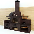 Brick Fireplace With Hood Hanging Pans And Decorative Items On Wooden Wall