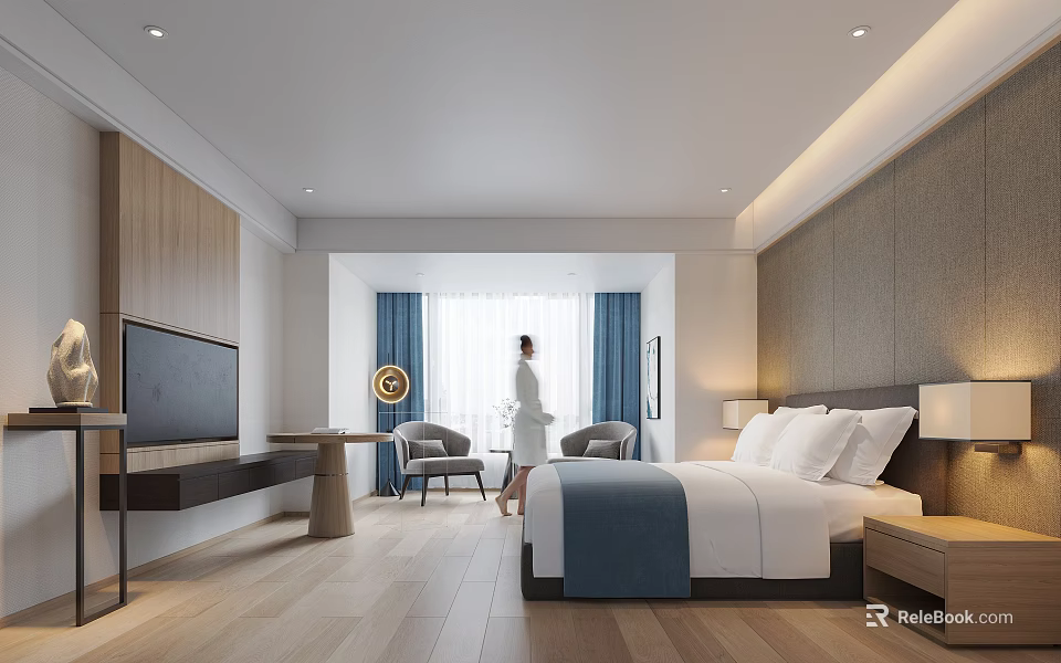 Modern Hotel Guest Room Interior With King Bed TV Window And Wooden Floor 3d model 