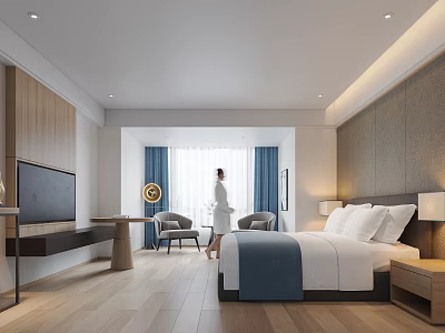 Modern Hotel Guest Room Interior With King Bed TV Window And Wooden Floor 3d model