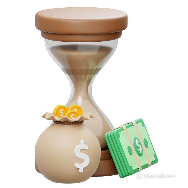 Creative Decorative Ornament Set With Hourglass Money Bag Gold Coins And Cash Bills 3d model 