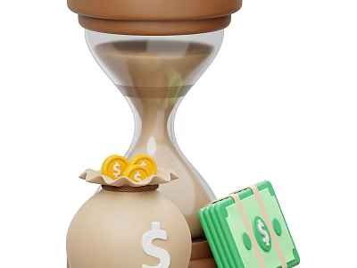Creative Decorative Ornament Set With Hourglass Money Bag Gold Coins And Cash Bills 3d model