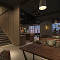 Modern Cafe Interior Design With Wooden Tables Wicker Chairs Hanging Decorations And Warm Lighting