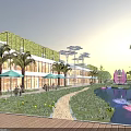 Garden Landscape With Modern Building Green Roof Palm Trees Outdoor Seating Pathway Pond And Lotus Flowers