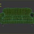 Green Three Seater Sofa With Curved Armrests And Red Wooden Legs