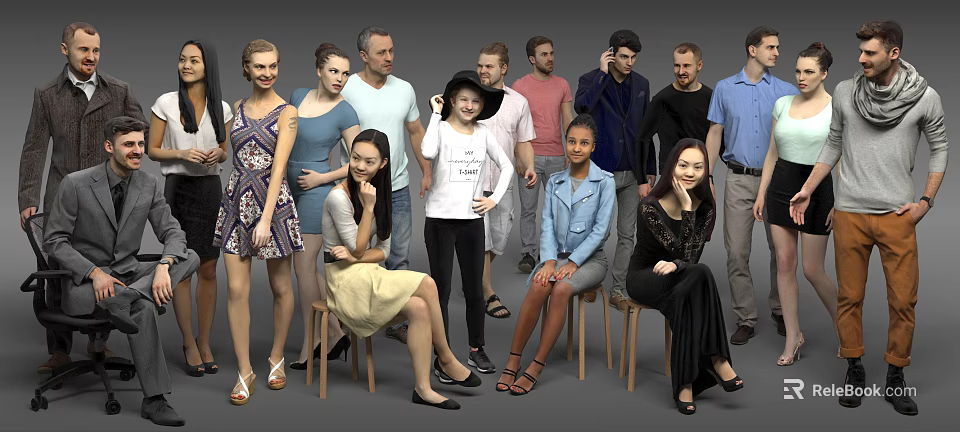 Diverse Group of People Standing and Sitting Together In Various Casual and Formal Clothing 3d model 