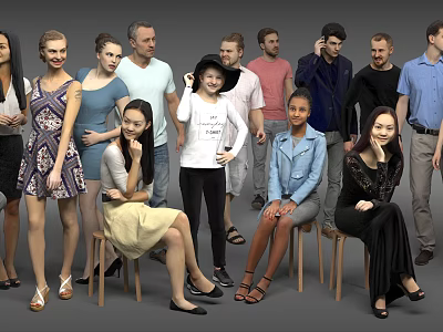 Diverse Group of People Standing and Sitting Together In Various Casual and Formal Clothing 3d model