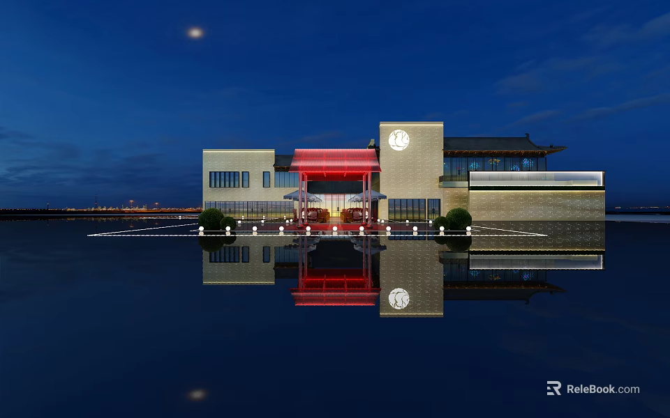 Traditional Chinese Garden Landscape Night View With Building Reflection On Calm Water 3d model 