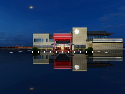 Traditional Chinese Garden Landscape Night View With Building Reflection On Calm Water 3d model