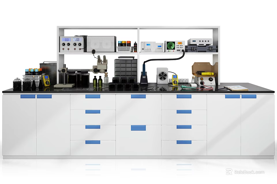 Functional Laboratory Workbench with White Cabinetry Upper Shelves Multiple Drawers and Instruments 3d model 