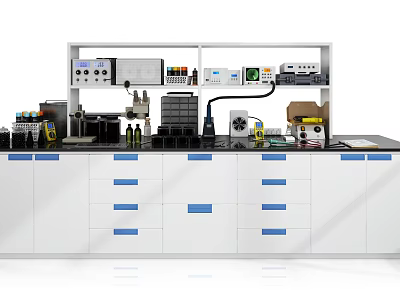 Functional Laboratory Workbench with White Cabinetry Upper Shelves Multiple Drawers and Instruments 3d model