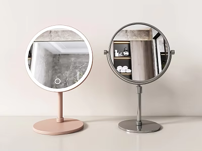 Round Tabletop Vanity Mirrors With Pink And Silver Bases And Illuminated Circular Design 3d model