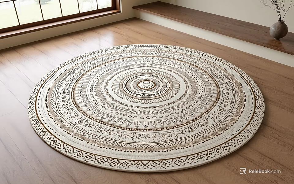 Decorative Round Area Rug With Intricate Geometric Patterns Neutral Beige Brown On Wooden Floor 3d model 