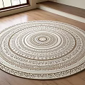 Decorative Round Area Rug With Intricate Geometric Patterns Neutral Beige Brown On Wooden Floor
