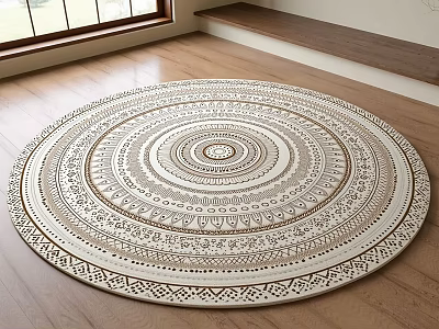 Decorative Round Area Rug With Intricate Geometric Patterns Neutral Beige Brown On Wooden Floor 3d model