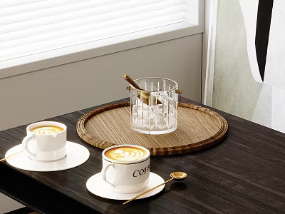 Two Cups Of Coffee With Latte Art On Dark Table 3d model