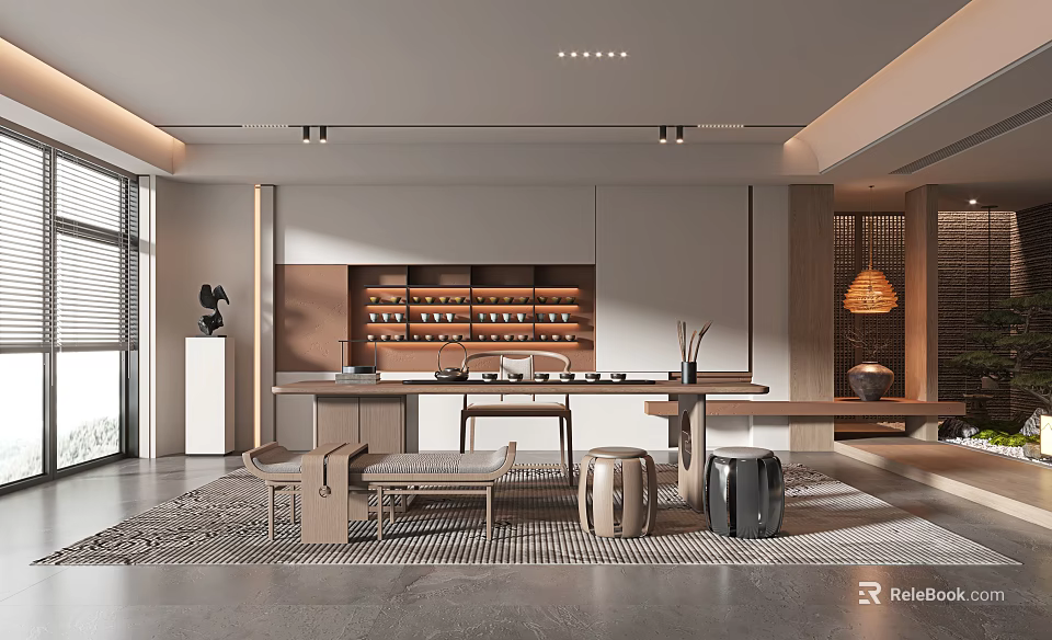 Modern Tea Room Interior Design With Long Table Chairs Stools And Display Shelves 3d model 