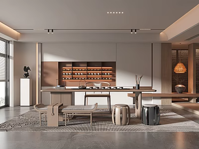 Modern Tea Room Interior Design With Long Table Chairs Stools And Display Shelves 3d model