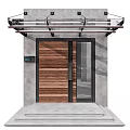 Modern Wooden Entrance Door With Glass Panel And Glass Canopy Over Concrete Wall Front Steps
