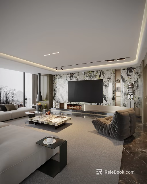 Modern Living Room Interior Design With Floor to Ceiling Windows And Marble TV Wall 3d model 