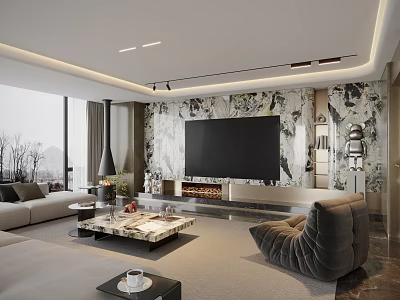 Modern Living Room Interior Design With Floor to Ceiling Windows And Marble TV Wall 3d model