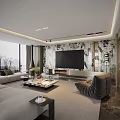 Modern Living Room Interior Design With Floor to Ceiling Windows And Marble TV Wall