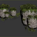 Floating Rock Islands With Green Vegetation Trees And Moss On Dark Background