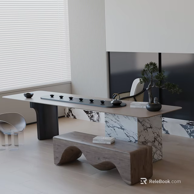 Modern Open Concept Tea Room Interior With Tea Table Sets And Decorative Plants 3d model