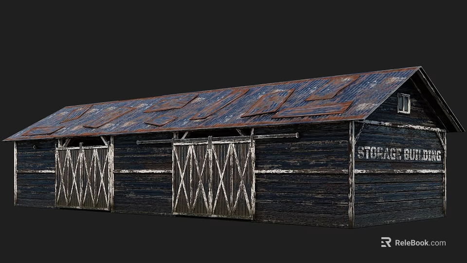 Old Storage Building With Rusted Metal Roof Dark Wooden Walls And Cross Wooden Doors 3d model 