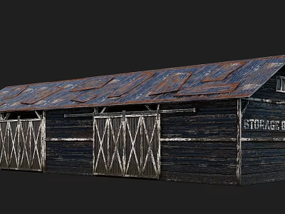 Old Storage Building With Rusted Metal Roof Dark Wooden Walls And Cross Wooden Doors 3d model