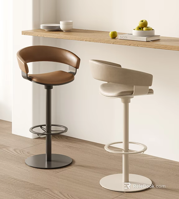 Modern Brown And Beige Upholstered Bar Stools With Metal Swivel Base And Wooden Countertop 3d model 