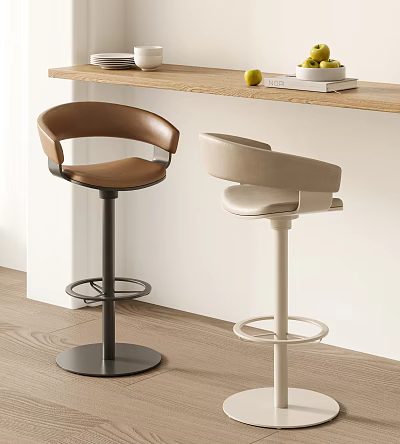 Modern Brown And Beige Upholstered Bar Stools With Metal Swivel Base And Wooden Countertop 3d model