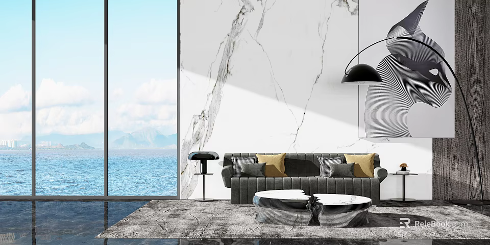 Modern Living Room With Gray Sectional Sofa Yellow Gray Pillows Marble Wall And Sea View 3d model 