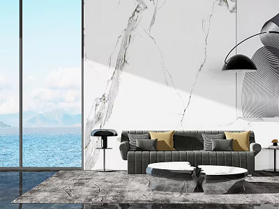 Modern Living Room With Gray Sectional Sofa Yellow Gray Pillows Marble Wall And Sea View 3d model