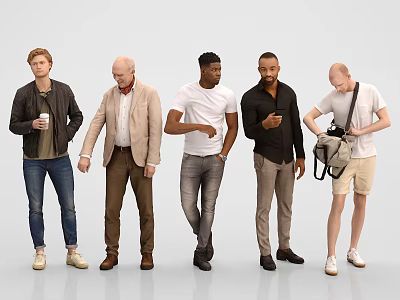 Group of Diverse Men in Casual Clothing With Various Postures Standing and Walking 3d model