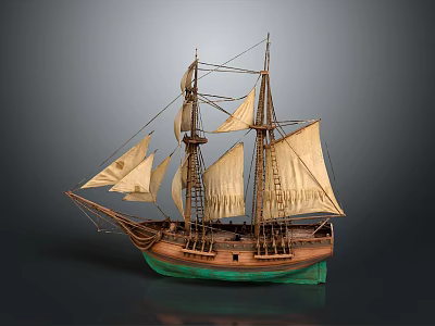 Wooden Sailing Ship Model With Multiple Sails Mast And Green Brown Hull 3d model