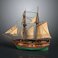 Wooden Sailing Ship Model With Multiple Sails Mast And Green Brown Hull