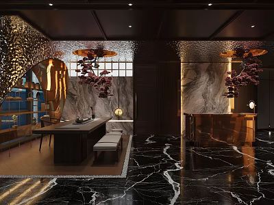 Elegant Hotel Lobby Interior With Black Marble Flooring Brass Reception Desk And Ornate Chandeliers 3d model
