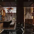 Elegant Hotel Lobby Interior With Black Marble Flooring Brass Reception Desk And Ornate Chandeliers