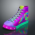 Colorful High-top Sneakers Featuring Spiral Pattern Purple Upper Green Sole And Yellow Lining