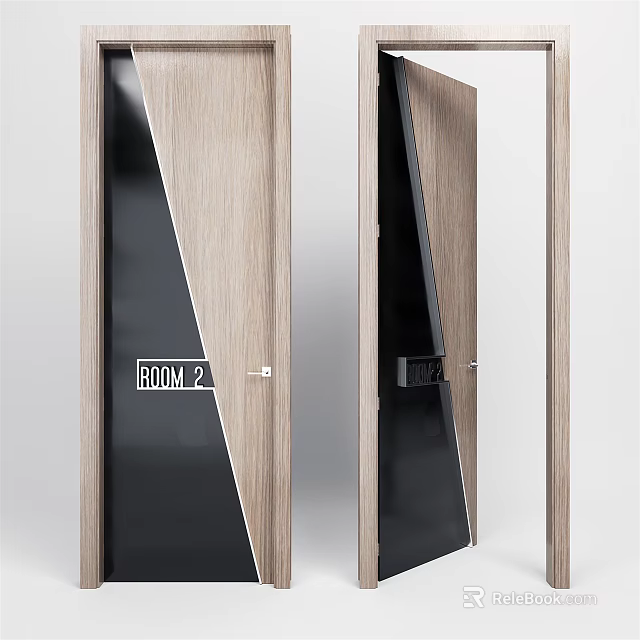 Modern Wooden Swing Door With Slanted Black Panel And Minimalist ROOM 2 Sign Design 3d model 