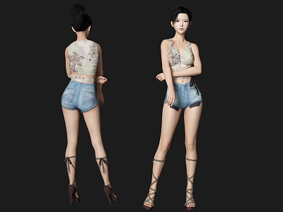 Women in Lace Crop Top and Denim Shorts with Strappy High Heels Front Back View 3d model